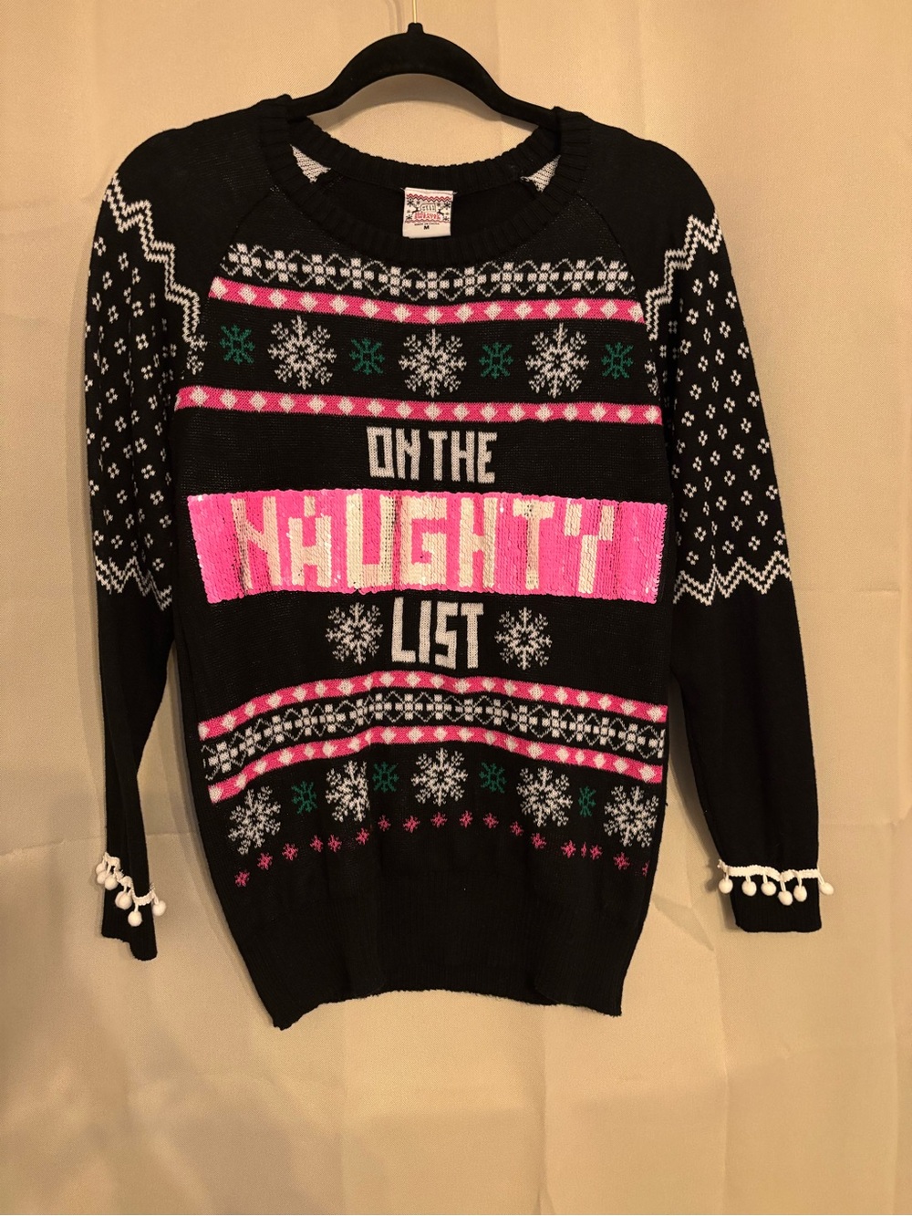 Ugly Christmas Holiday Sweater Fair isle Snowflake NAUGHTY/NICE fun flip